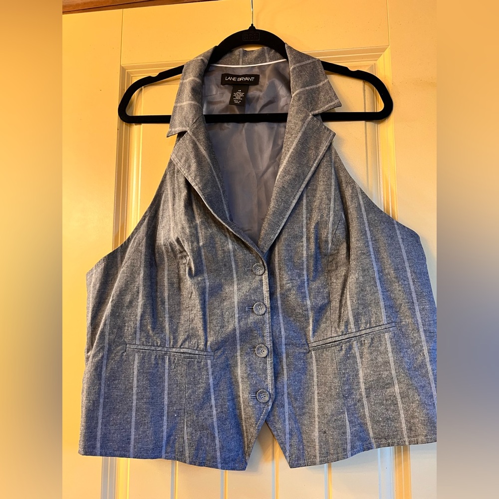 Lane Bryant Grey & White Pinstriped Button-down Vest sz 18 Fully Lined